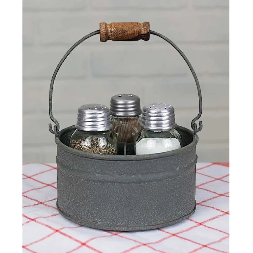 NEW! Farmhouse Galvanized Gray Metal Bucket Mason Salt Pepper Toothpick Holders